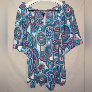 Talbots 2X Colorful Floral Print Short Sleeve Blouse Top Shirt Stained Glass XXL